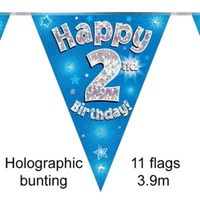 Bunting 11 Flags Blue Holographic Birthday Age 2