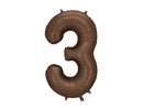 PartyDeco foil balloon in satin mocha with a 34-inch number 3 design, perfect for celebrations and party decorations.