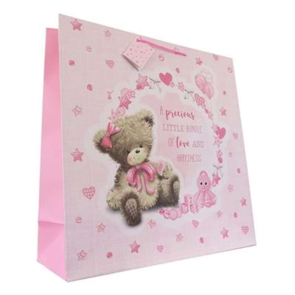 Gift Bag Baby Girl Bear Giant Square 6pk