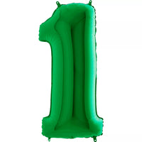 Green Grabo foil balloon shaped as the number 1, measuring 40 inches tall, with shiny metallic finish and bold number design.
