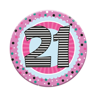 Six small Tiger Feet birthday badges featuring the number 21 in colorful designs, perfect for celebrating age 21.