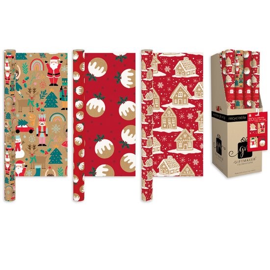 Rollwrap Christmas Festive Kraft 2m 50pk