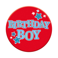 Six small birthday open badges from Tiger Feet, featuring colorful designs suitable for celebrations and party accessories.