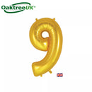 Gold Oaktree foil balloon in the shape of the number 9, 34 inches tall, shiny metallic finish, suitable for celebrations and parties.