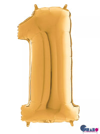 Gold foil balloon shaped as the number 1, 26 inches tall, by Grabo, displayed inflated with shiny metallic surface.