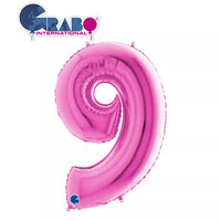 Fuchsia Grabo foil balloon shaped as the number 9, 40 inches tall, vibrant and shiny for celebrations or special occasions.