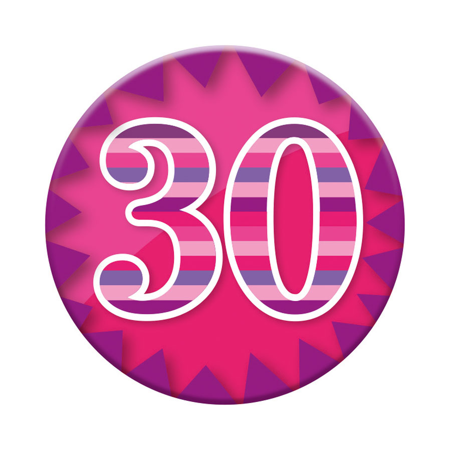 Six small Tiger Feet birthday badges with the number 30, featuring colorful designs for celebrating age milestones.