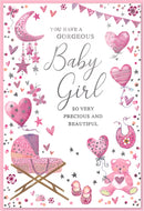 Set of six Simon Elvin C50 newborn baby girl greeting cards with colorful, cute designs for celebrating a new arrival.