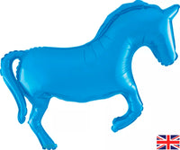Oaktree Horse Metallic Blue 35-inch foil balloon featuring a shiny horse design on a vibrant blue background.