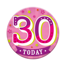 Six small birthday badges from Tiger Feet with "30" age design, perfect for celebrating a 30th birthday.