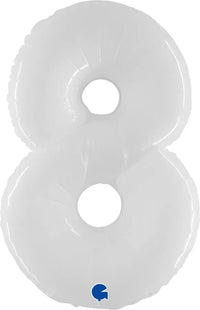 Shiny white 40-inch Grabo foil balloon shaped as the number 8, reflecting light and showcasing a smooth, metallic surface.
