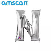 Silver 16-inch Anagram foil balloon shaped as the letter N, perfect for celebratory decorations and events.