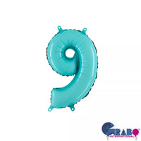 Pastel blue Grabo foil balloon shaped as the number 9, 14 inches, with shiny metallic surface and smooth edges.