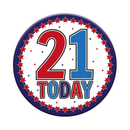 Six small Tiger Feet birthday badges with the number 21, featuring colorful designs on a white background.