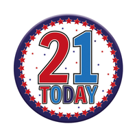 Six small Tiger Feet birthday badges with the number 21, featuring colorful designs on a white background.