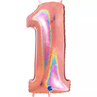 Grabo foil balloon celebrating the number 1 in glitter holo rose gold, 40-inch size, with shiny metallic finish.