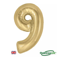 Gold foil number 9 balloon by Oaktree, 34 inches tall, shiny silk finish, designed for celebrations and event decor.