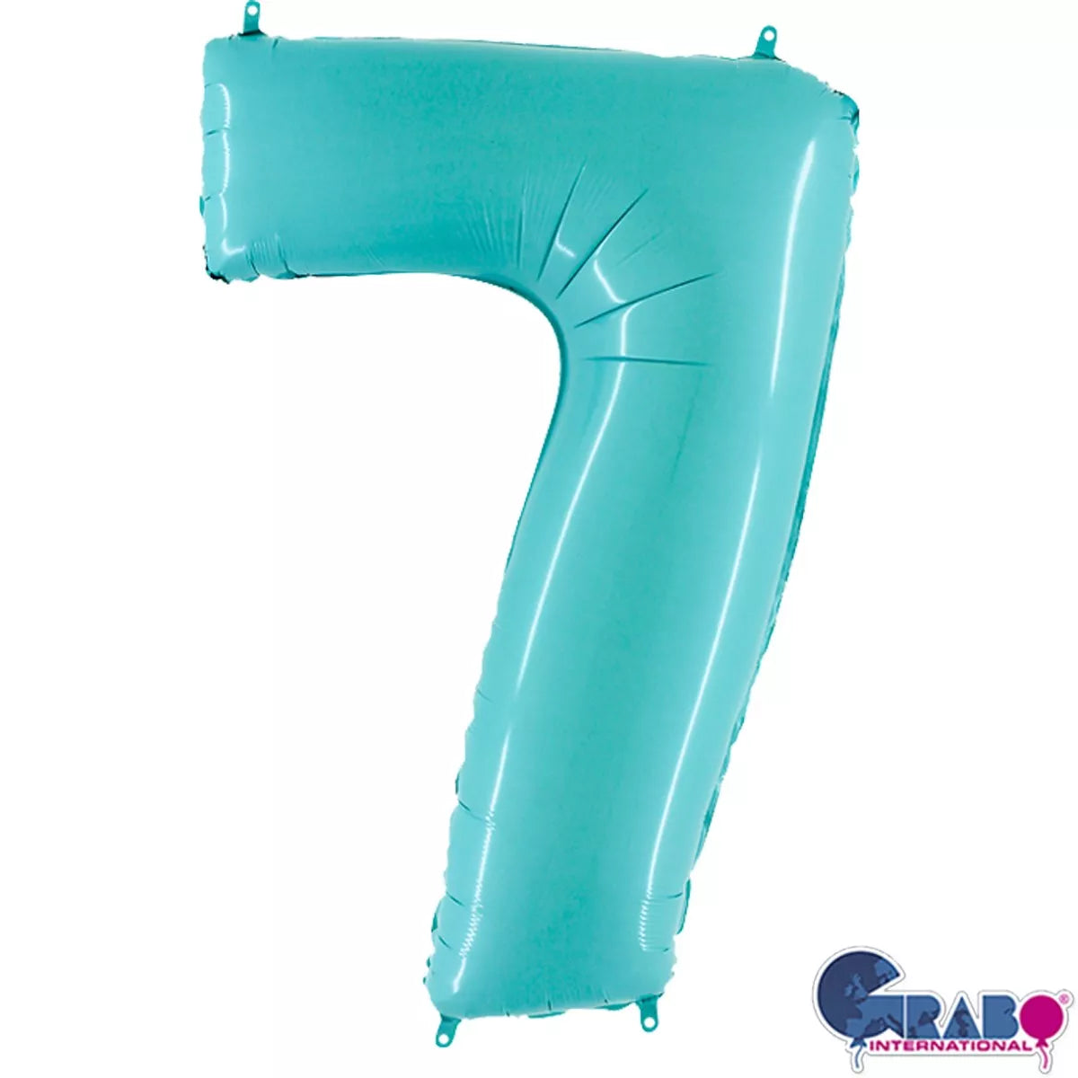 Pastel blue Grabo foil balloon in the shape of number 7, 40 inches tall, suitable for celebrations and decorations.