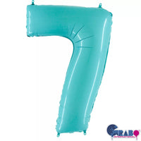 Pastel blue Grabo foil balloon in the shape of number 7, 40 inches tall, suitable for celebrations and decorations.