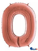 Rose gold Grabo foil balloon shaped as the number zero, 26 inches tall, with shiny metallic finish and bold number design.