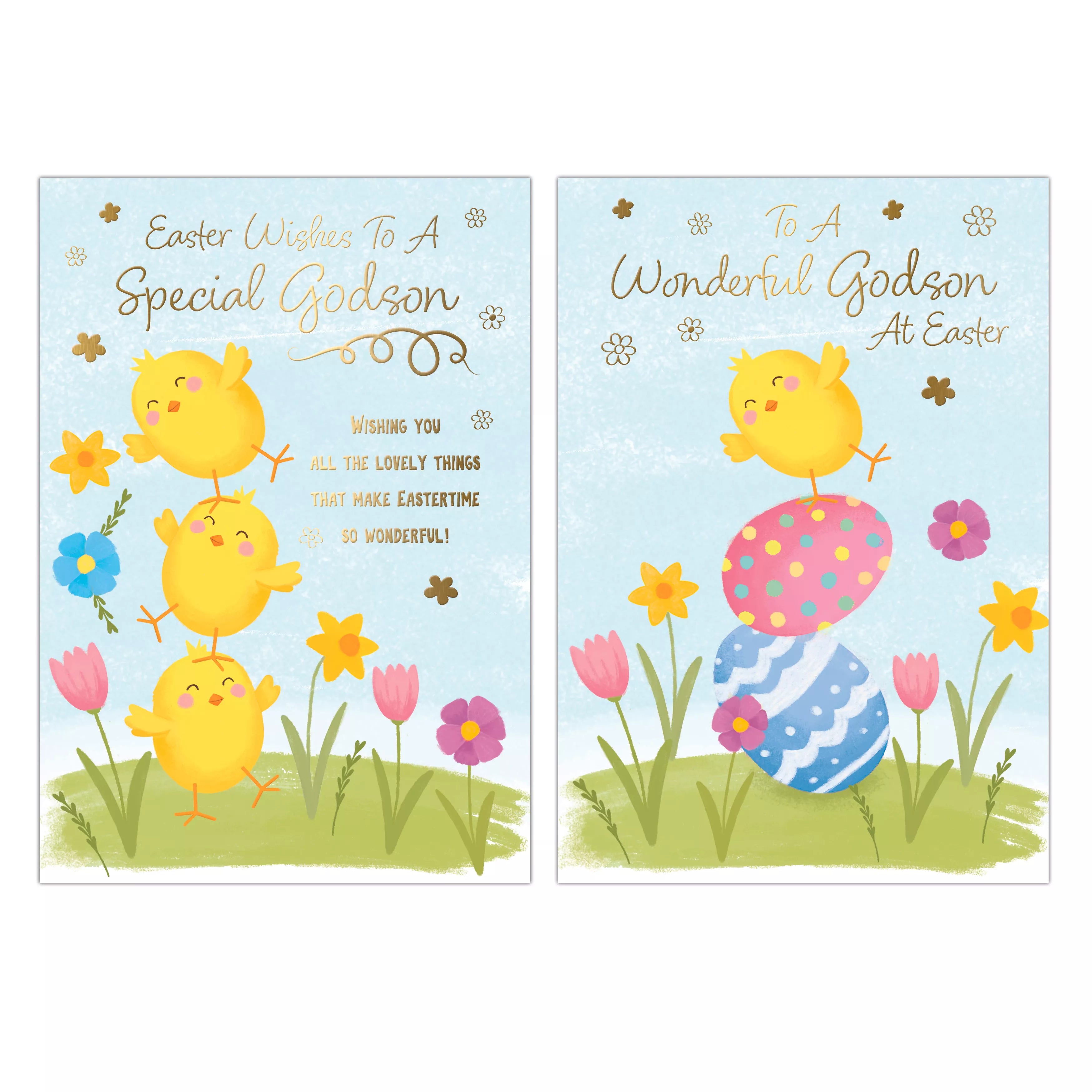 Poppyhill 12-pack C50 Easter Godson greeting cards featuring colorful Easter-themed designs and heartfelt messages.