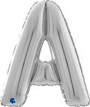 Silver foil balloon in the shape of the letter A, 26 inches tall, by Grabo, perfect for celebrations and decorations.