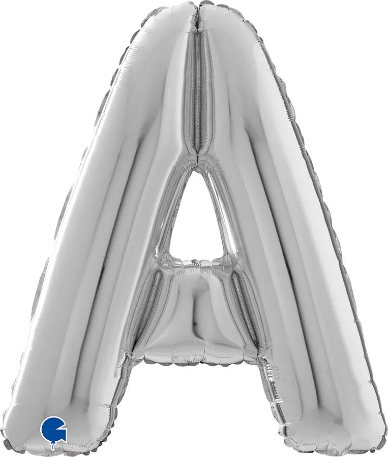 Silver foil balloon in the shape of the letter A, 26 inches tall, by Grabo, perfect for celebrations and decorations.
