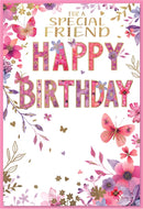 Six Simon Elvin C50 Birthday Special Friend greeting cards featuring colorful designs and heartfelt messages for friends.