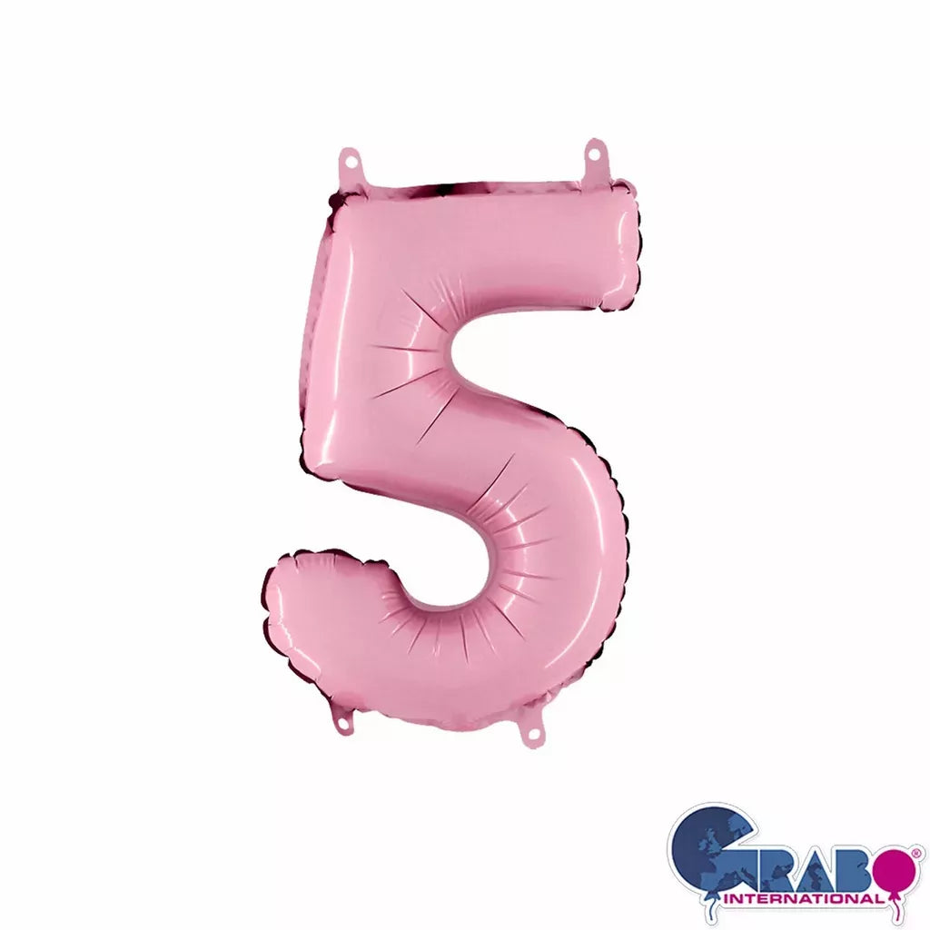 Pastel pink Grabo foil balloon shaped as the number 5, 14-inch size, suitable for celebrations and decorations.