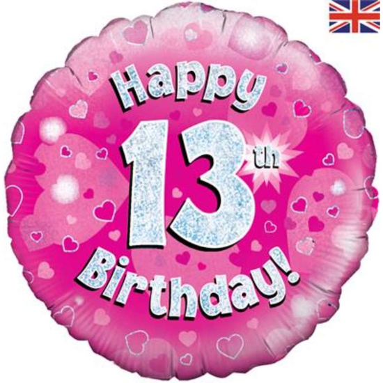 18" 13th Birthday Pink Holographic Foil Balloon