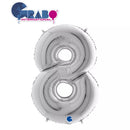 Silver Grabo foil balloon shaped as the number 8, 40 inches tall, floating against a plain background.