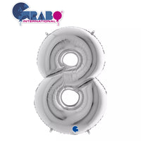 Silver Grabo foil balloon shaped as the number 8, 40 inches tall, floating against a plain background.