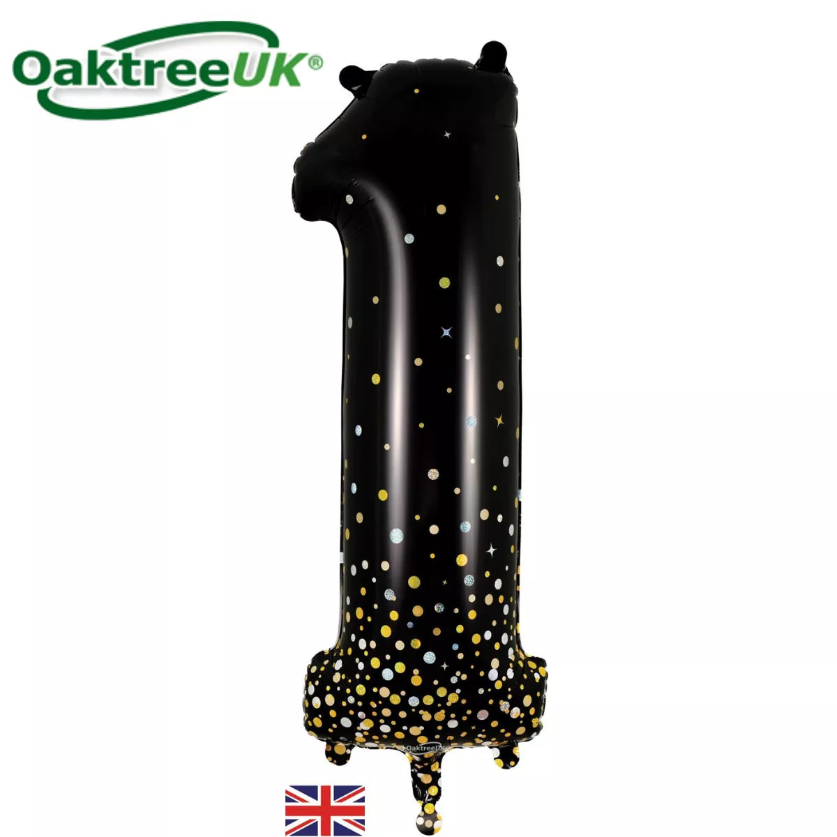 Oaktree black and gold foil number 1 balloon, 34 inches, shiny and festive for celebrations and special events.