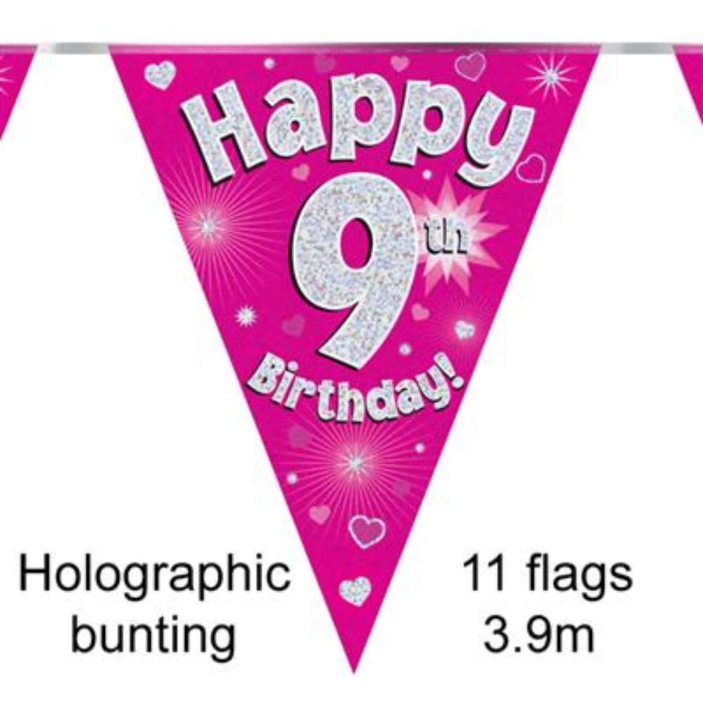 Bunting 11 Flags Pink Holographic Birthday Age 9
