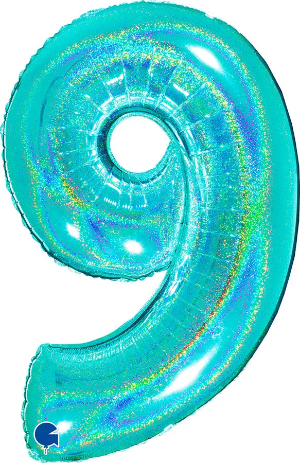 Grabo foil balloon in Tiffany blue with holographic glitter, shaped as number 9, 40 inches tall.