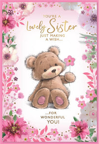 Set of six Simon Elvin C50 birthday sister cards featuring colorful designs and festive messages for celebrating your sister.