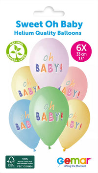 Gemar Sweet Oh Baby 13-inch latex printed balloons, 6-pack, featuring colorful baby-themed designs, perfect for baby shower decorations.