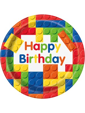 Set of eight Unique 9-inch building block plates, colorful and sturdy for creative construction and play.