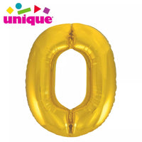 Gold foil balloon shaped as the number 0, 34 inches tall, by Unique, perfect for celebrations and decorative events.