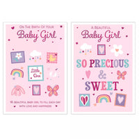 Poppyhill 12-pack New Born Girl greeting cards featuring cute designs for celebrating a baby's arrival.