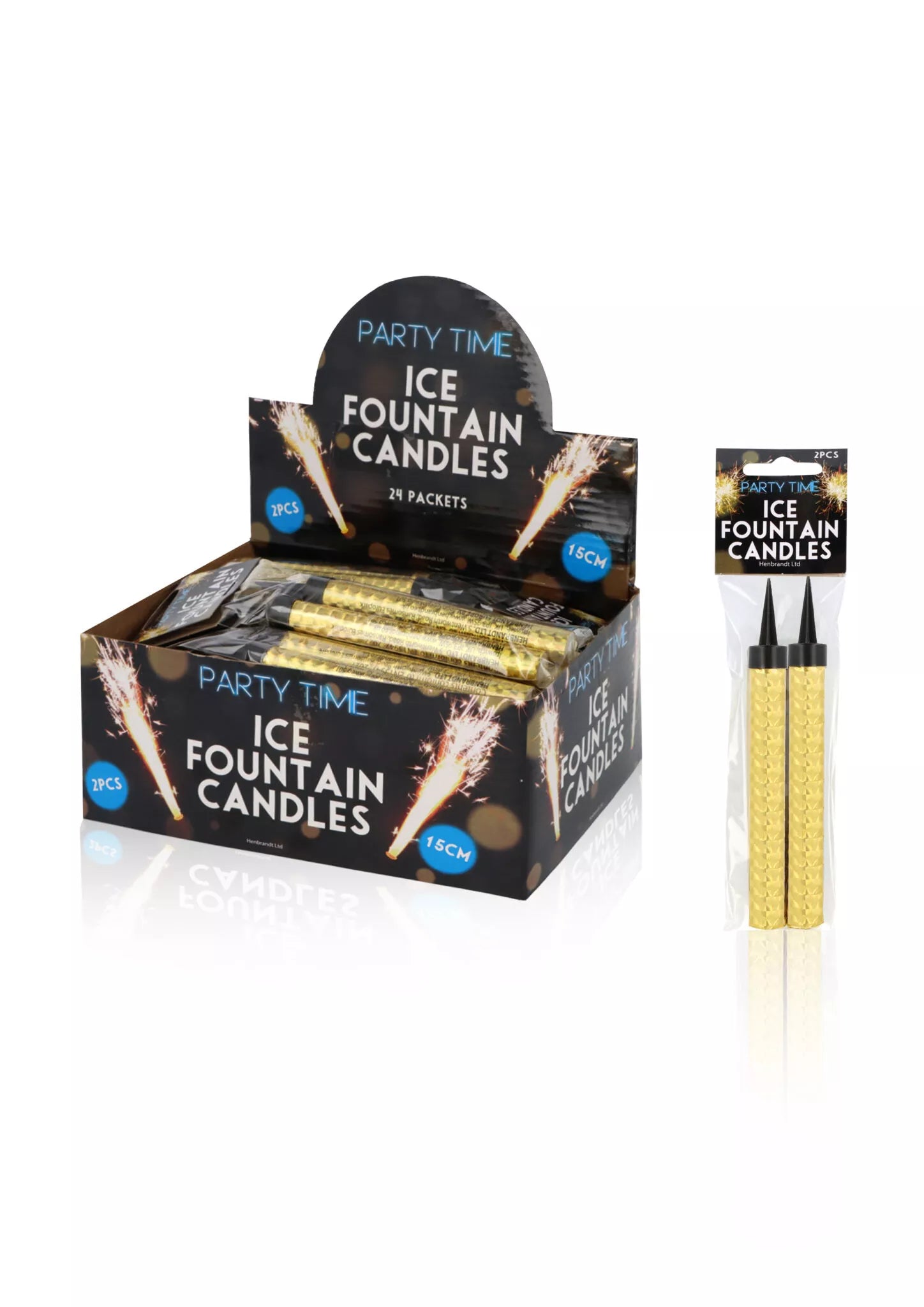 Henbrandt Ice Fountain Gold party candles, 15cm tall, 24-pack, with gold-colored flames and decorative design.