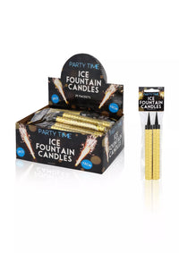 Henbrandt Ice Fountain Gold party candles, 15cm tall, 24-pack, with gold-colored flames and decorative design.
