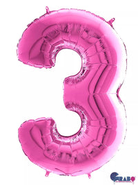 Pink 26-inch Grabo foil balloon shaped as the number 3, with shiny metallic finish and visible reflective surface.