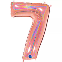Grabo glitter rose gold foil balloon in the shape of the number 7, 40 inches tall, with a shiny, metallic finish.