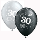 Black and silver Age 30 latex balloons by Qualatex, 11-inch printed latex balloons in a 25-pack, perfect for milestone celebrations.