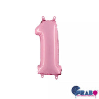 Pastel pink Grabo foil balloon shaped as the number 1, measuring 14 inches, suitable for celebrations and party decor.