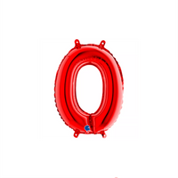 Red Grabo foil balloon shaped as the number 0, measuring 14 inches, with shiny metallic surface and bold numerical design.