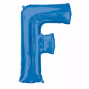 Blue Anagram foil balloon in the shape of the letter F, measuring 34 inches tall, with a shiny metallic finish.