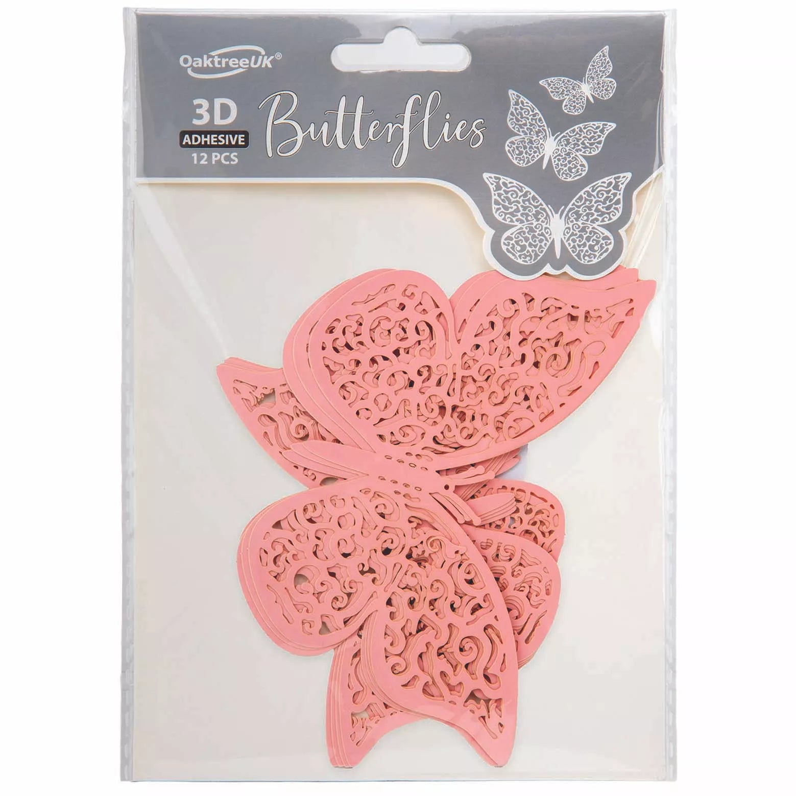 Light pink 3D adhesive butterfly balloons accessories by Oaktree, featuring 12 decorative butterflies for balloons and party decor.