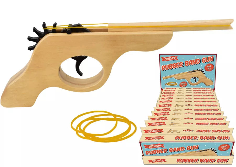 Kandy Toys rubber band gun toy showing colorful plastic shooter ready to fire rubber bands.